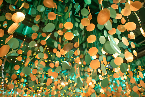 st patricks day celebration, colorful streamers twirl from the ceiling, guests in various shades of green, a fun scavenger hunt ends with chocolate gold coins photo