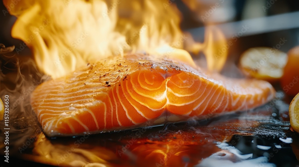 Close-Up of Grilled Salmon on Flames with Citrus Garnishes and Smoke Effects Close-Up of Grilled Salmon on Flames with Citrus Garnishes and Smoke Effects