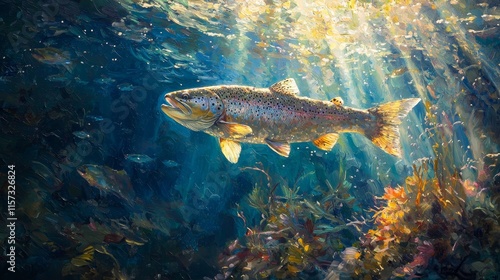 Close-Up of a Trout Darting Through Underwater with Sunlight and Marine Life Surroundings