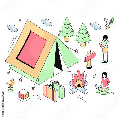 A isometric design illustration of camp