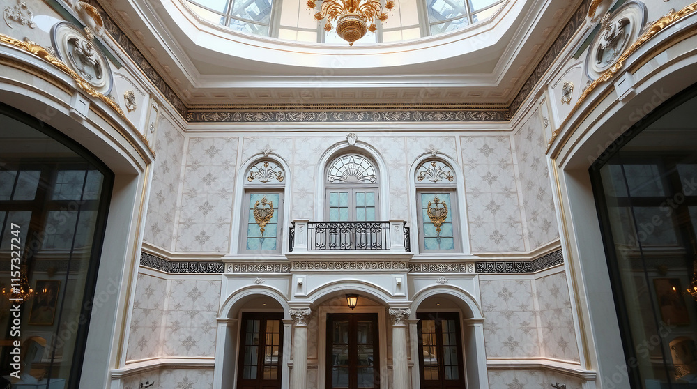 Interior view of an opulent atrium with a glass dome ceiling, ornate detailing, arched doorways and windows, and a patterned wall. The color palette is predominantly off-white and gold. Interior view of an opulent atrium with a glass dome ceiling, ornate detailing, arched doorways and windows, and a patterned wall. The color palette is predominantly off-white and gold.