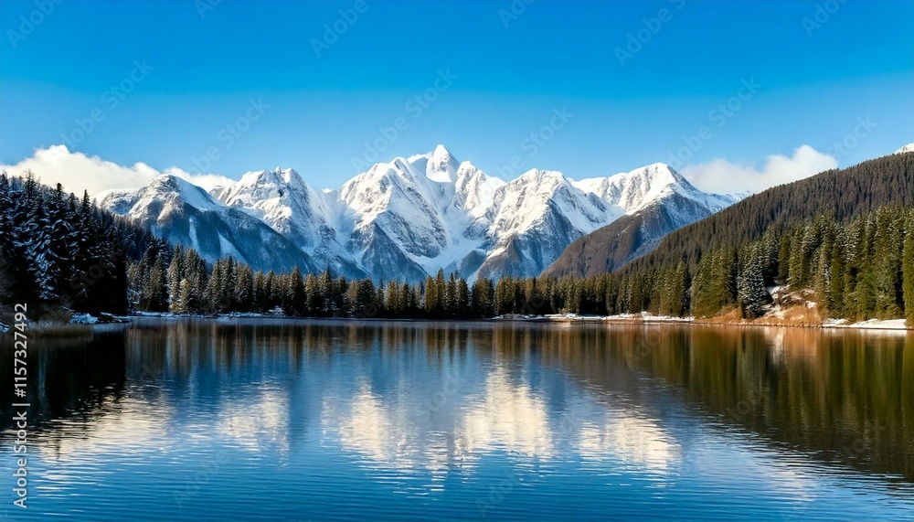 Fototapeta premium Snow-capped mountain peaks and calm waters beneath a vivid blue sky, perfect for nature lovers.