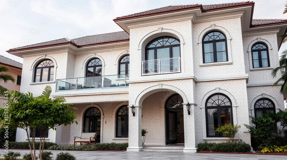 Two-story, off-white house with arched windows and a red tile roof. Features a balcony, landscaping, and a prominent entryway. The house has a classical architectural style. Two-story, off-white house with arched windows and a red tile roof. Features a balcony, landscaping, and a prominent entryway. The house has a classical architectural style.