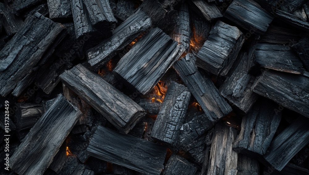 Charcoal pieces stacked with glowing embers in dim lighting Charcoal pieces stacked with glowing embers in dim lighting