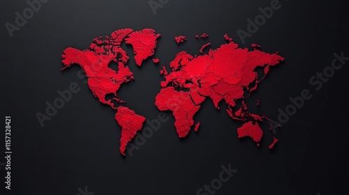 Fototapeta Naklejka Na Ścianę i Meble -  A vibrant red world map on a dark background, highlighting global geography with a striking and modern aesthetic.