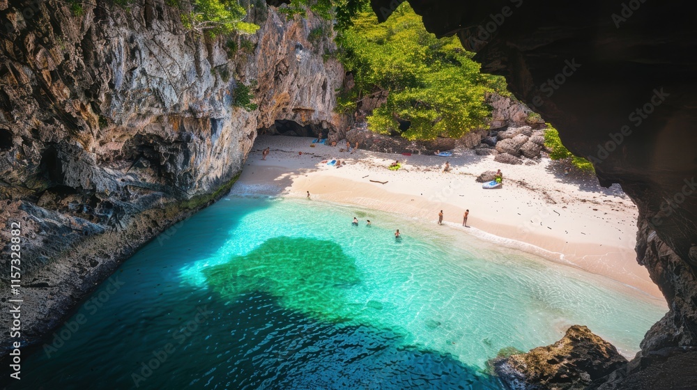 Serene hidden beach surrounded by cliffs and vibrant greenery. Serene hidden beach surrounded by cliffs and vibrant greenery.