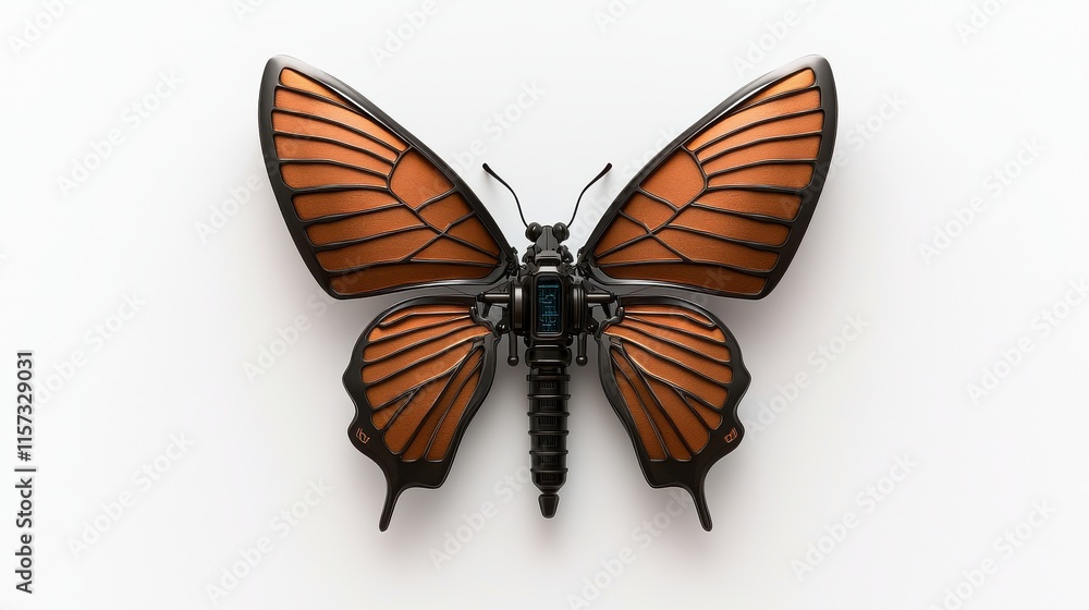 Obraz premium Detailed Concept of a Biomechanical Butterfly with Metallic Wings, Showcasing Intricate Design and Innovative Technology, Perfect for Futuristic and Nature-Themed Projects