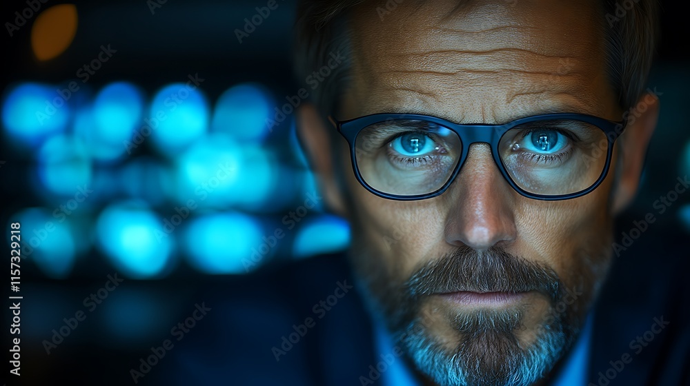 A Man Wearing Glasses Looks Directly At The Viewer A Man Wearing Glasses Looks Directly At The Viewer