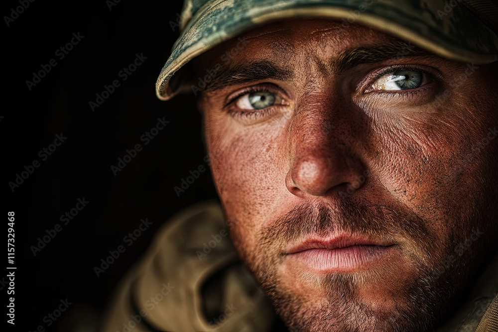 Portrait of a soldier with a thousand-yard stare, capturing the emotional scars of war Portrait of a soldier with a thousand-yard stare, capturing the emotional scars of war