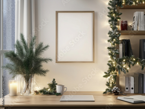 A festive home office with a vertically oriented blank photo frame mounted above an elegant wooden table. Blank picture frame mockup. photo