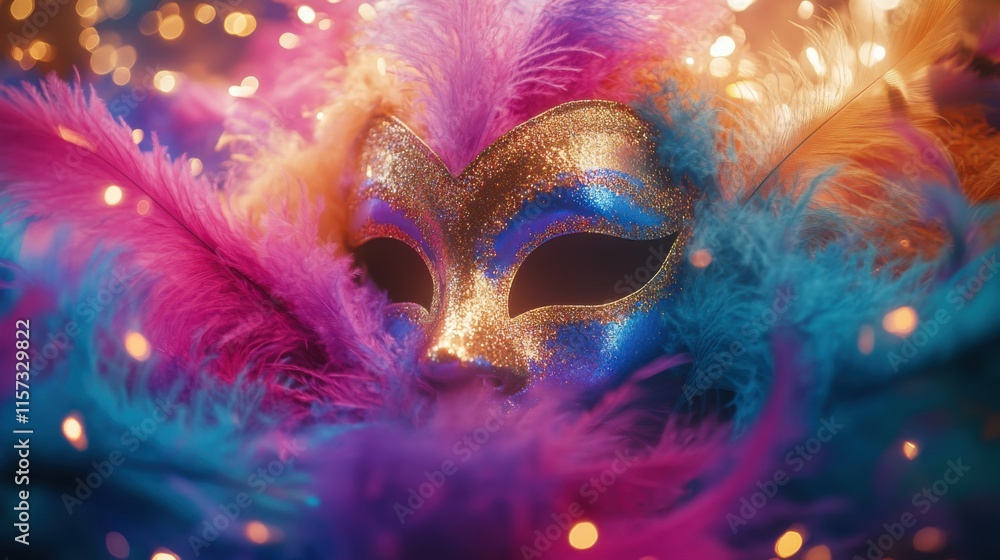 Holiday Carnival Mask with Colorful Feathers and Festive Confetti Burst for Celebration Design Holiday Carnival Mask with Colorful Feathers and Festive Confetti Burst for Celebration Design