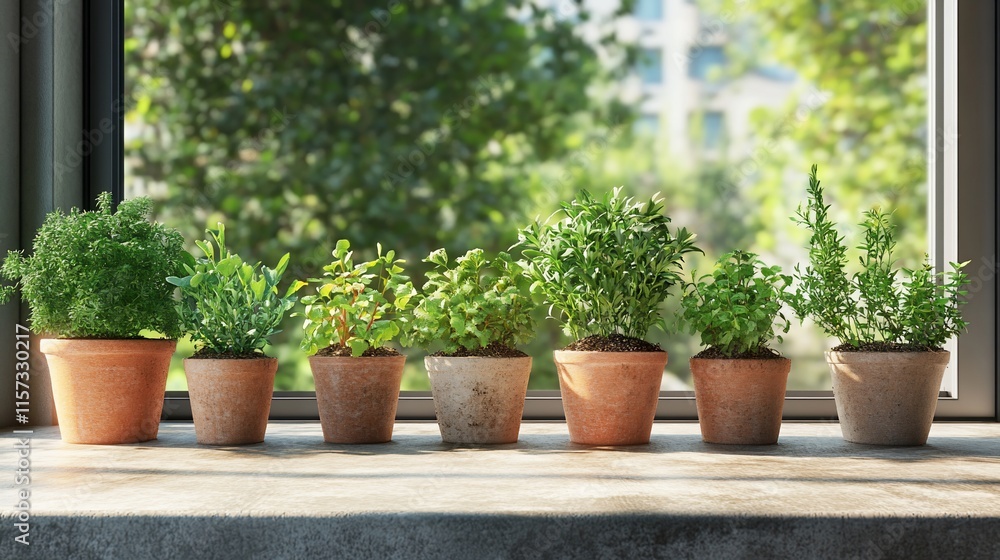 Six potted herbs on a windowsill, sunlit. Six potted herbs on a windowsill, sunlit.