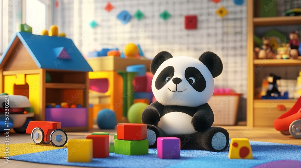 Obraz premium Panda Bear Plays with Blocks in a Childrens Playroom
