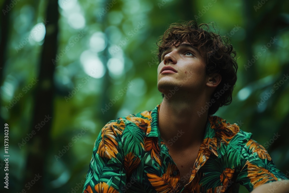 Man in tropical shirt finds peace in lush forest. Man in tropical shirt finds peace in lush forest.
