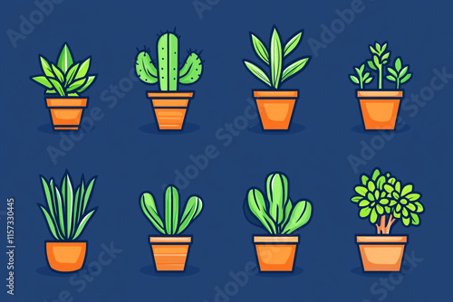 Set of simple vector line art cacti and houseplants in pots, vector outline set collection photo