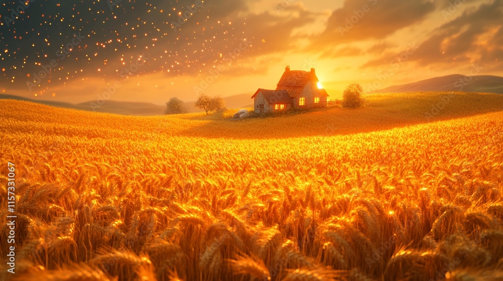 Fototapeta premium Sunset over golden wheat field with house.
