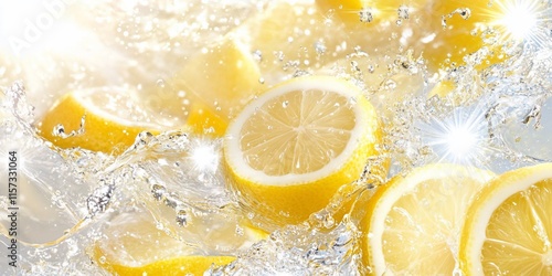 Fresh lemon slices splashing in water, creating a refreshing scene.