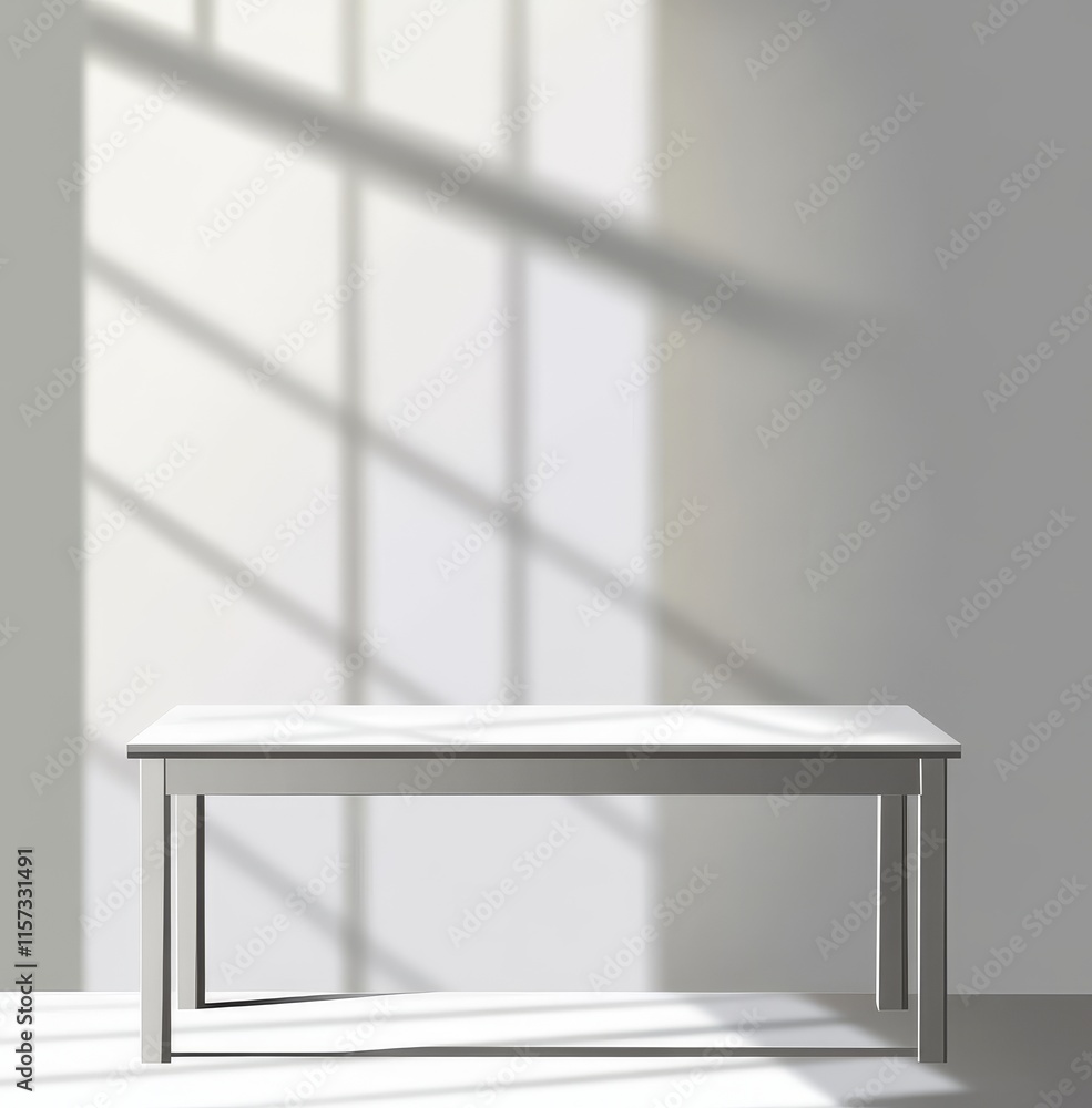Fototapeta premium Minimalist White Table Bathed in Soft Sunlight Casting Shadows on a Textured Wall in a Serene Modern Space