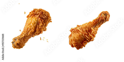 Set of Golden fried chicken drumstick with yellow brown skin floating in air on transparent  background