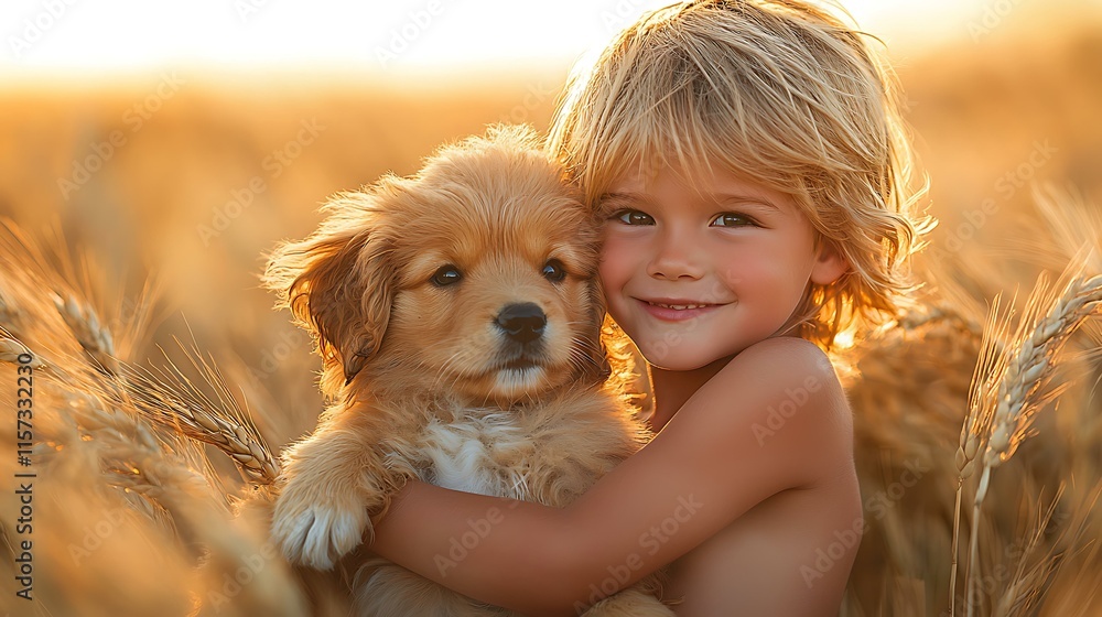 A child hugging a puppy in a sunlit field, symbolizing innocent joy and love A child hugging a puppy in a sunlit field, symbolizing innocent joy and love