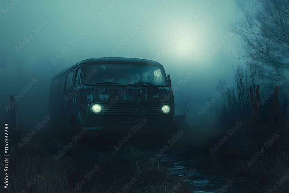 Rusty van with glowing headlights on a foggy path, surrounded by dense mist and eerie wilderness, evoking mystery, suspense, and cinematic vibes under a ghostly moonlight Rusty van with glowing headlights on a foggy path, surrounded by dense mist and eerie wilderness, evoking mystery, suspense, and cinematic vibes under a ghostly moonlight