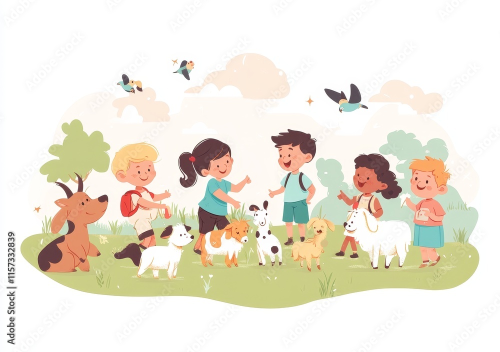 Children Interacting With Various Dogs and Puppies in a Green Park on a Sunny Day While Enjoying Outdoor Activities Children Interacting With Various Dogs and Puppies in a Green Park on a Sunny Day While Enjoying Outdoor Activities
