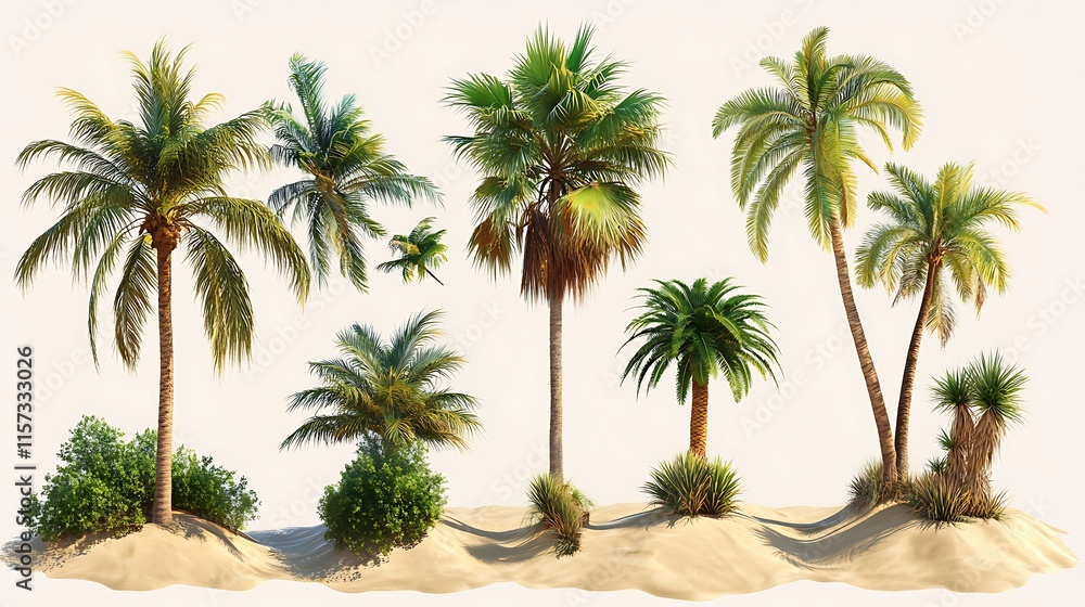 Fototapeta premium Tropical palm trees and shrubs sandy beach nature illustration