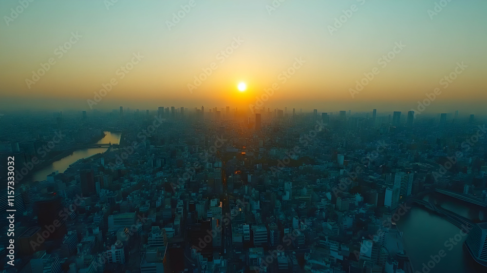 Fototapeta premium Aerial view of cityscape at sunset, sun setting over buildings and river.
