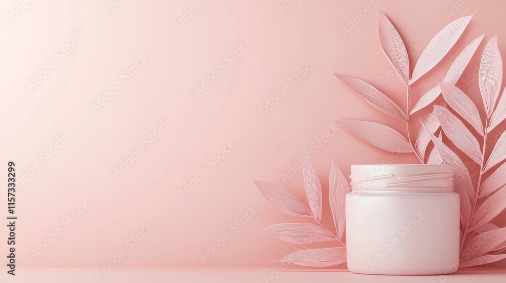 Elegant Soft Glowing 3D Jar with Smooth Textures and Delicate Leaves on a Subtle Pink Background for Modern Aesthetic and Beauty Concepts Elegant Soft Glowing 3D Jar with Smooth Textures and Delicate Leaves on a Subtle Pink Background for Modern Aesthetic and Beauty Concepts
