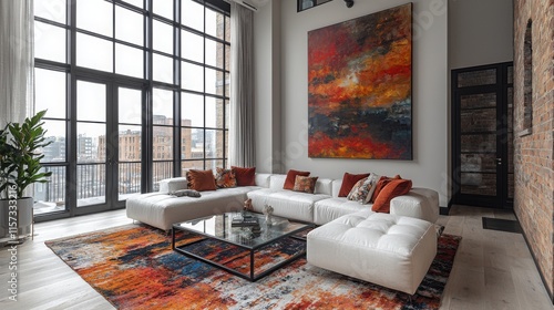 This spacious modern living room features a large abstract painting, bright white furniture, and a colorful area rug. It offers a stylish, cozy atmosphere.