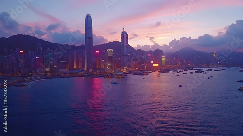 Vibrant sunset over Hong Kong's harbor, showcasing skyscrapers, boats, and city lights reflecting on water.