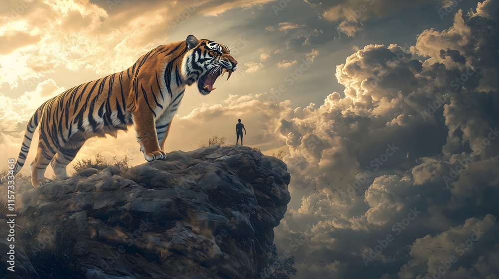 Fototapeta premium Tiger roars at sunset cliffs