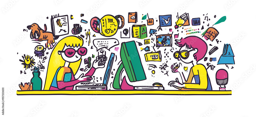 Students, group of friends on their computers. Cartoon Students, group of friends on their computers. Cartoon