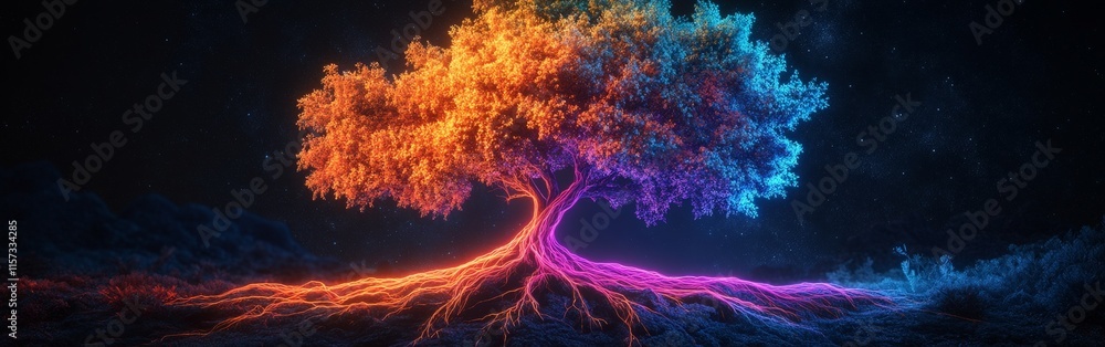 Vibrant Neon Tree of Life with Glowing Roots and Bold Colors Vibrant Neon Tree of Life with Glowing Roots and Bold Colors