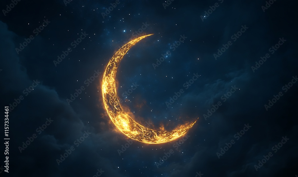Fototapeta premium Fiery crescent moon in starry night sky.