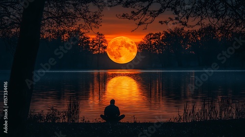 A person sitting peacefully by a lake at sunset, reflecting on their accomplishments and inner peace