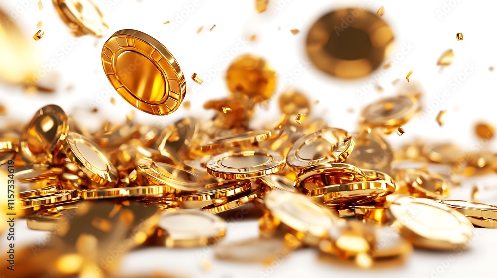 Golden coins falling in slow motion studio 3d animation light Golden coins falling in slow motion studio 3d animation light