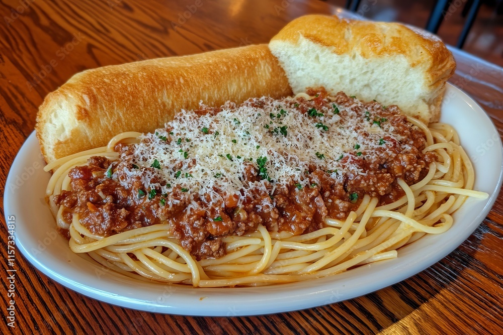 Fototapeta premium Spaghetti with Meat Sauce and Garlic Bread