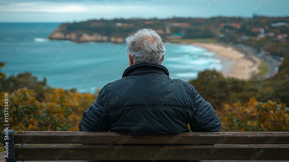A retiree enjoying a peaceful moment on a bench overlooking the ocean, reflecting a life well-lived A retiree enjoying a peaceful moment on a bench overlooking the ocean, reflecting a life well-lived