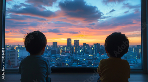 Two children watching television together at home photo