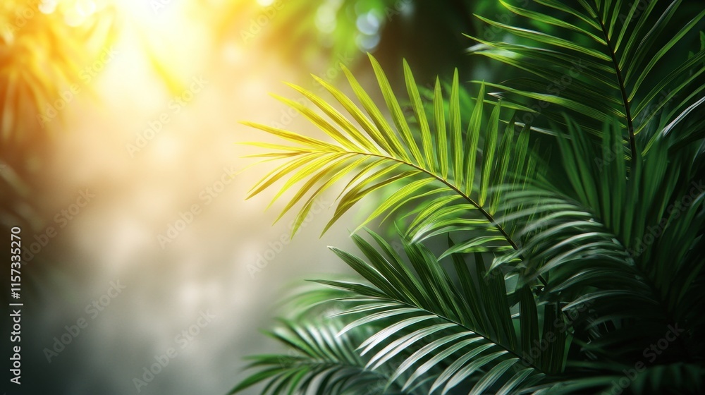 Fototapeta premium Sunlit tropical palm frond leaves.