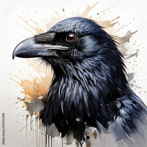 A sleek and bold raven, painted with dynamic brushstrokes to emphasize its mystique and grace. The design is minimalistic, set on a pristine white background photo