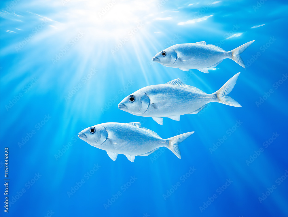 Fototapeta premium Three silver fish swimming gracefully underwater against a bright blue background, with sunlight beams penetrating through the water, creating a serene atmosphere.