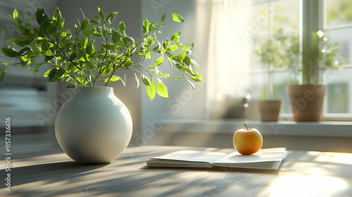 Sunlit room interior scene with vase, apple, book, and plants.