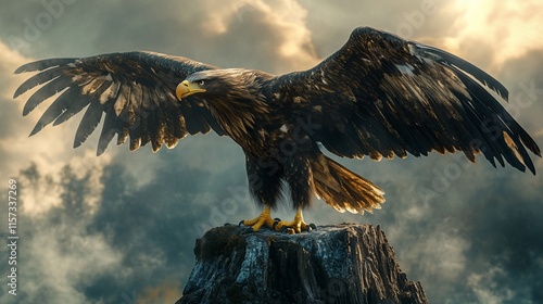 Powerful eagle with outstretched wings perched atop a weathered stump, dramatic sky background.