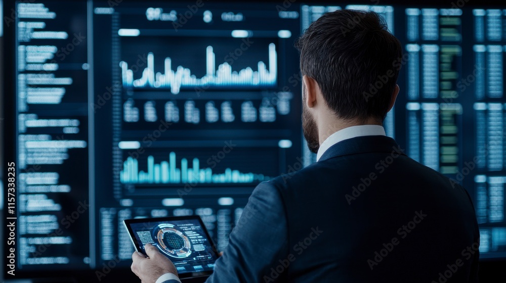 Fototapeta premium Business Professional Analyzing Financial Data on a Tablet in Front of Holographic Displays in a Modern Office Environment