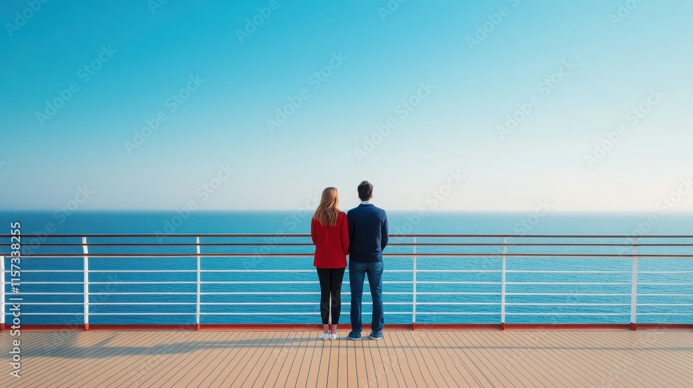 Fototapeta premium A couple stands together on a deck, admiring the vast ocean view under a clear blue sky, symbolizing love and connection.