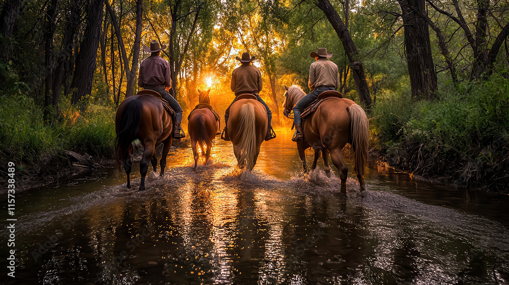 Galloping horses move through serene riverbed at sunset, creating tranquil scene Galloping horses move through serene riverbed at sunset, creating tranquil scene