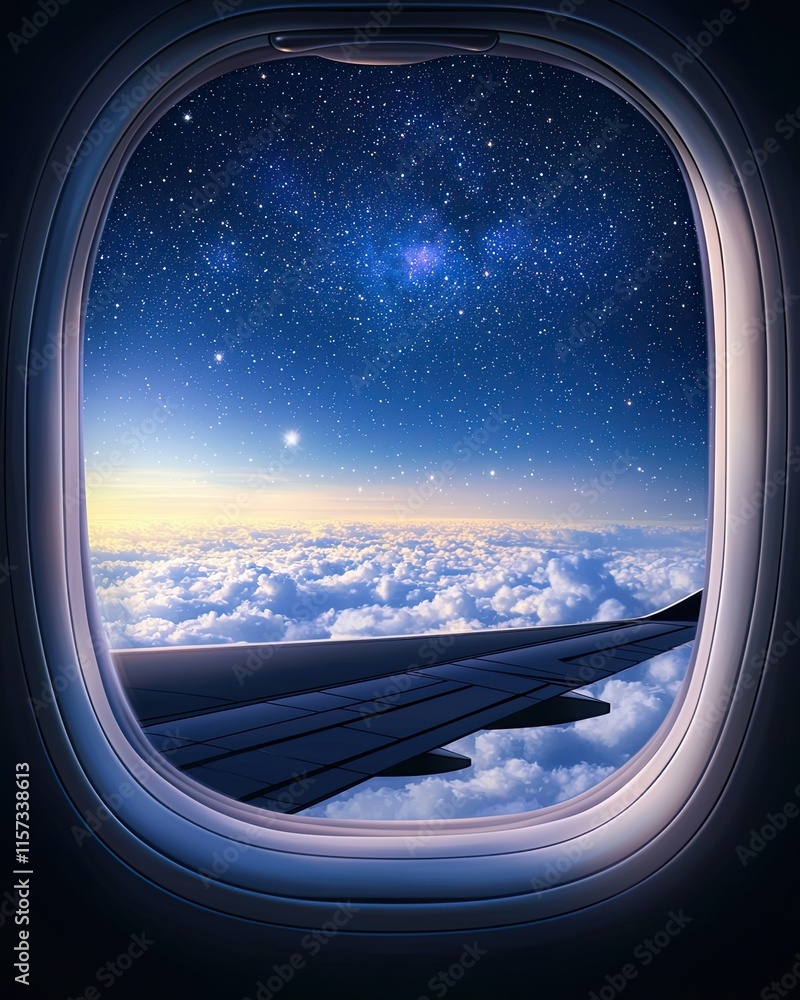 Illustrated airplane window with starry night the dark Starry night view through airplane window Illustrated window scene with cosmic skies Airplane window framing a dark starlit sky Illustrated airplane window with starry night the dark Starry night view through airplane window Illustrated window scene with cosmic skies Airplane window framing a dark starlit sky