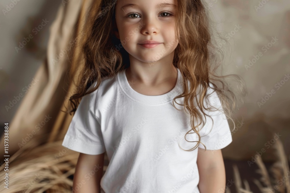 Naklejka premium Smiling child in white t-shirt